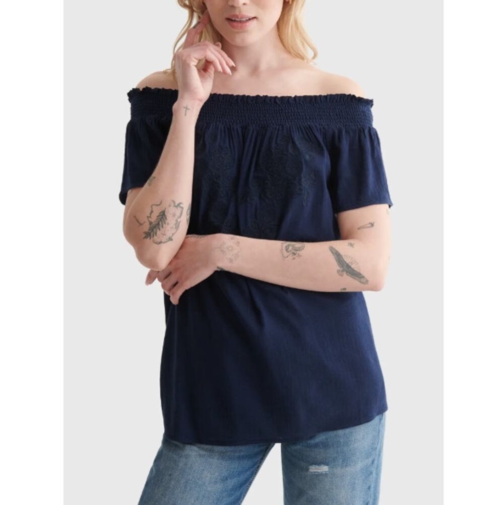 Lucky Brand Navy Short Sleeve Off The Shoulder Embroidered Top Size Small